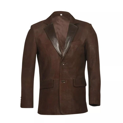 Blazer New Casual Formal Handmade Men's Dark Brown Pure Lambskin Suede Leather - Image 1 of 4