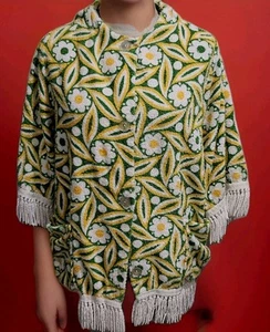 60s Terry Cloth Towel Pool Cover-Up Jacket Green Yellow Button Down Pockets L - Picture 1 of 10