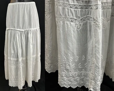 Falda Enagua Eduardiana Bordada Algodón Blanco Valenciennes Bobbina Encaje De Colección Foto 1 de 2