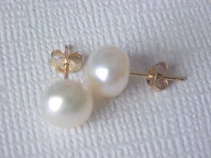 7MM AAA GENUINE WHITE PEARL STUD EARRINGS SOLID 14K YELLOW GOLD - Picture 1 of 3