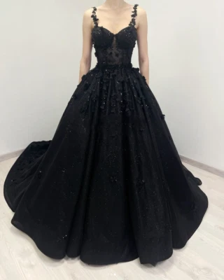 Vestidos de noiva pretos góticos brilhantes com alças trem da corte linha A vestidos de noiva - Imagem 1 de 4