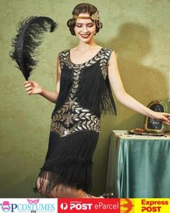 Ladies Black Deluxe 1920s Roaring 20s Gatsby Flapper Costume Sequins Dress - Picture 1 of 5