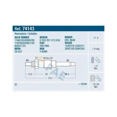 Bujía incandescente FAE 74143 para ALFA ROMEO, LAND ROVER, ROVER, VOLVO Foto 1 de 3