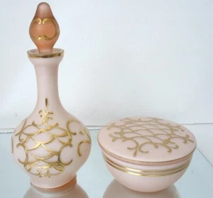 Vintage Vanity Set, IRICE Pink Satin Glass Perfume Bottle and Powder Jar/Trinket - Picture 1 of 8