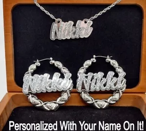 Custom Silver XOXO Hoop Earrings & Name Necklace Jewelry Set Personalized Free - Picture 1 of 7