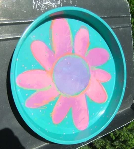Mid Century Metal Serving Tray w/ Mod Turquoise & Pink Flower Power - Picture 1 of 8