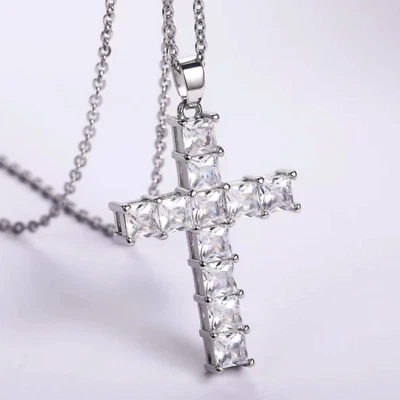 Cruz enchapada en oro, plata con circonita cúbica, cadena Rolo unisex regalo Foto 1 de 4