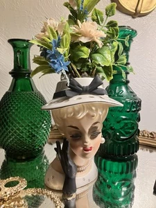 VINTAGE LADY HEAD VASE INARCO CIRCA 1961 BLONDE PINK DRESS ORIGINAL FLOWERS 10” - Picture 1 of 13