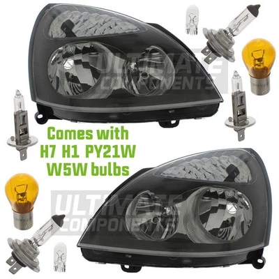 Renault Clio Mk2 Hatchback 2001-2005 Grey Headlights Headlamps Pair With Bulbs - Image 1 of 4
