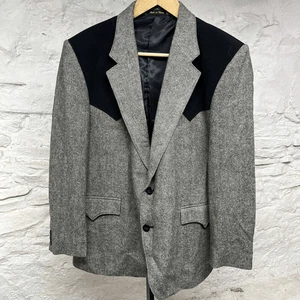 Circle S Blazer Western Sport Coat 44S Gray Herringbone Black Yoke Vintage 80s - Picture 1 of 9
