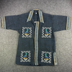 Guatemalan Embroidered Shirt Mens Large Blue Short Sleeve Birds Mayan Rainbow - Picture 1 of 12