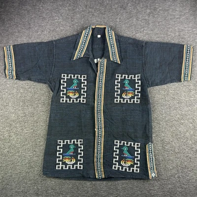 Guatemalan Embroidered Shirt Mens Large Blue Short Sleeve Birds Mayan Rainbow - Image 1 of 4