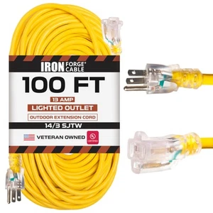 100 Foot Lighted Outdoor Extension Cord - 14/3 SJTW Heavy Duty Yellow - Picture 1 of 7