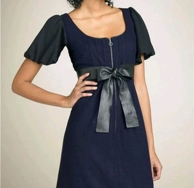 Phoebe Couture Dress Women's 8 Blue Knee Length Wool Leather Bow Coquette Girl - Image 1 of 4