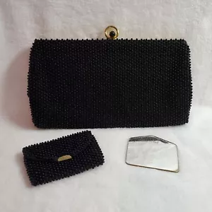 Pochette nera vintage anni 50 con perline in cordo lumured con specchio e portamonete ballo - Foto 1 di 12