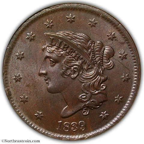 1839 Large Cent Booby Head NGC MS65 BN Cover