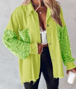 Lime Green Denim Shirt Jacket Sequin Sleeves Pockets NEW Plus Size XXL 22 24 26 - Picture 1 of 12