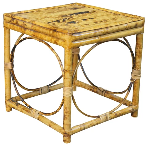 Vintage Scorched Bamboo Geometric Side Table Plant Stand Boho Chic Tortoise 16" Cover