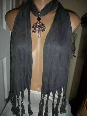 SCARF PENDANT TREE OF LIFE  NECKLACE  TIBETAN SILVER  SHADOW GREY COLOR  JEWELRY - Image 1 of 4