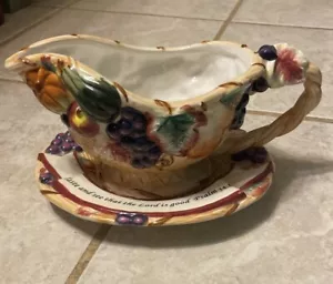 Barca Gravy in ceramica con sottopiatto motivo frutta e foglie vintage - Foto 1 di 5