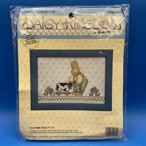 Daisy Kingdom CROSS STITCH KIT w/ Frame Playtime Pals bunny rabbit cow vtg 1990s - Picture 1 of 6