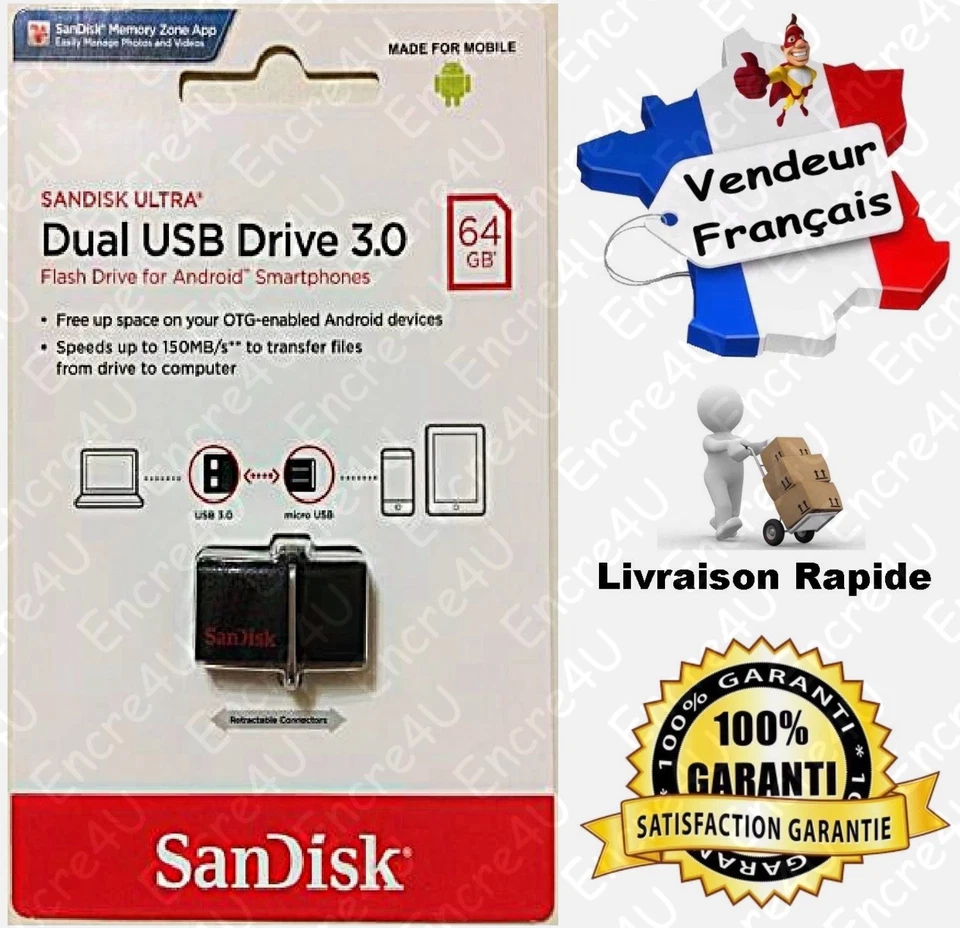 Clé Dual USB 3.0 OTG SANDISK ULTRA - Proposée en version : 32 ou 64 Gb Go Giga - Photo 1/1