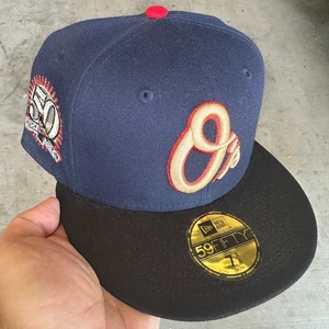 Size 7 3/8 Balitmore Orioles Navy Fitted Baseball Hat 50th Anniversary Patch - Picture 1 of 3