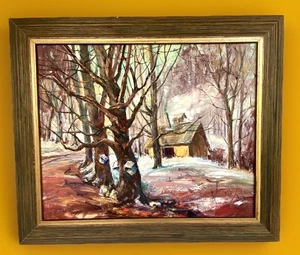 Original Signed Oil Painting, Cabin in the Woods, Framed E Beede, 26"x 22" - Picture 1 of 6