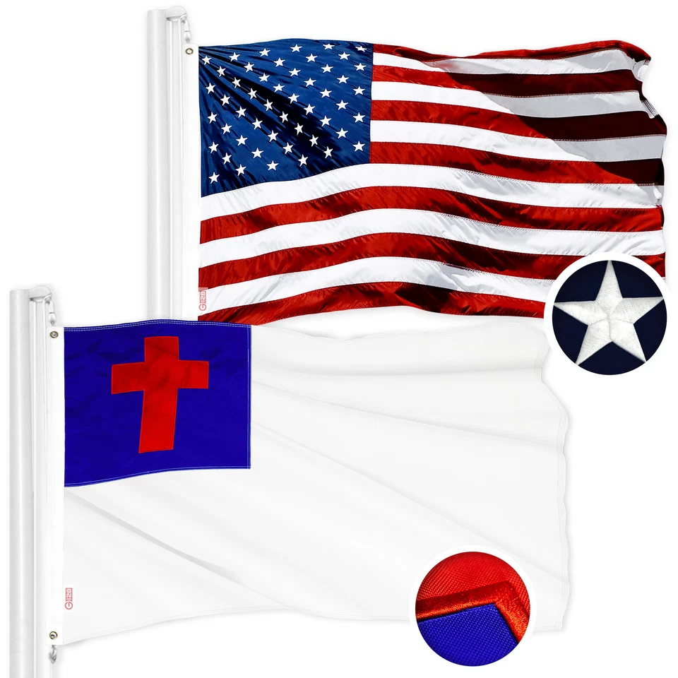 G128 Christian Flag and American Flag Set 1x1.5 FT Embroidered 300D Poly