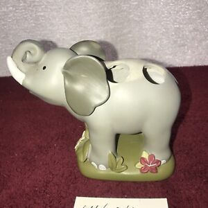 Elephant Toothbrush Holder Trunk Up Gray with Flowers 6 Inches Long 6 in Tall