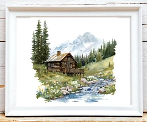 Berg Wandbild Kunstdruck, Waldhütte Wandbild Deko, Wald Wohndeko #985 - Bild 1 von 2