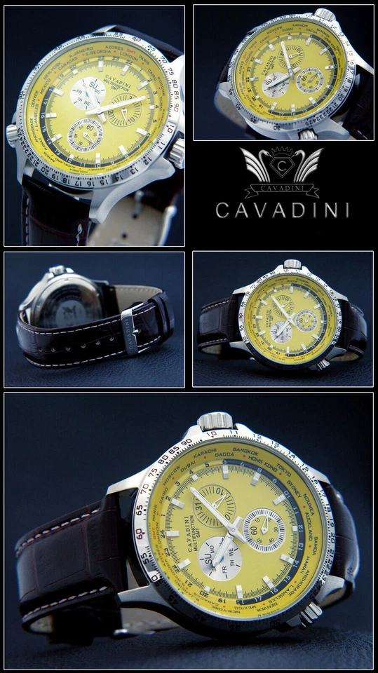 Cavadini Watch Calendar CV-1605 Stainless Steel Rotatable Gmt-Innenring Yellow - Image 1 of 1