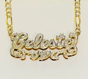 14K Two Tone with Diamonds Name Plate(CELESTE) Necklace With Figaro Link Chain - Picture 1 of 2