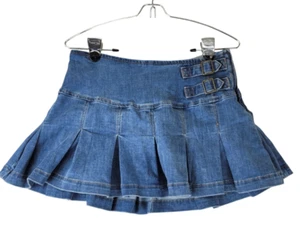 Womens M (30) Y2K Flare Mini Skirt Blue Low Rise Pleaded Buckle Schoolgirl Punk - Picture 1 of 17