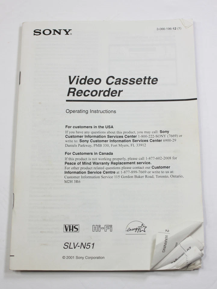 ORIGINAL OWNERS MANUAL for the SONY SLV N51 VHS VCR VIDEO CASSETTE RECORDER - Image 1 of 1