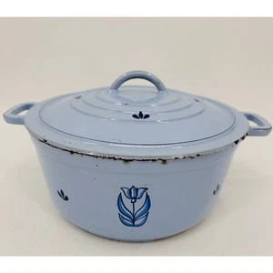 DRU Holland Blu Tulipano Smaltato Ghisa #10 Forno Olandese Casseruola Girarrosto con Coperchio - Foto 1 di 12