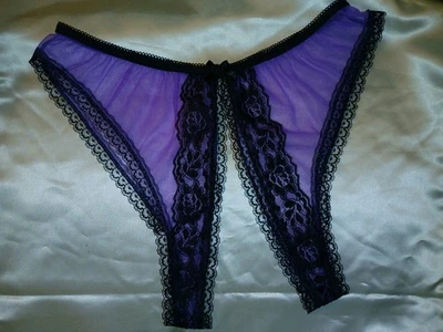 Vintage 80s Sheer Purple Chiffon Black Lace Crotchless Panties S/M EUC - Image 1 of 4