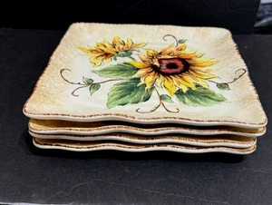 Juego de 4 platos cuadrados Maxcera crema girasol 9" ensalada almuerzo pintado a mano - Imagen 1 de 24