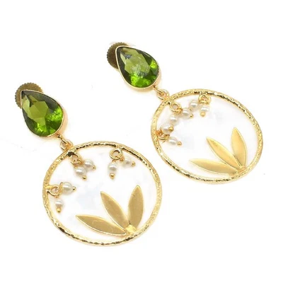 Pendiente de cuarzo peridoto verde hecho a mano enchapado en oro joyería de moda 2" f224 Foto 1 de 4