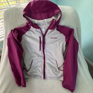 Columbia youth hooded rain jacket, wind breaker, girls L (14-16) Grey & Pink EUC - Picture 1 of 4