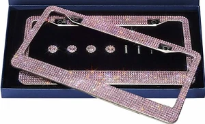 2 LUXURY PINK Diamond CRYSTAL License Plate Frame Caps Made with Swarovski BLING - Picture 1 of 5