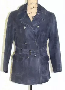 Vintage 1960s Mod Aleksander Norway Blue Lamb Leather Belted Jacket Women's S - Picture 1 of 16