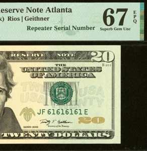2009 $20 Federal Reserve Note PMG 67EPQ - Super Repeater Serial Number 61616161 - Picture 1 of 4