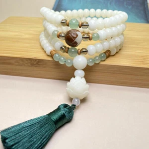 Bracciale Buddha Giada Bianca Naturale 108 Radice di Bodhi Braccialetto Collana - Foto 1 di 10