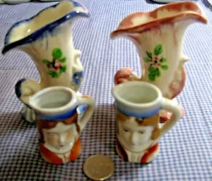 MINI JARRONES PINTADOS A MANO AZUL Y ROSA Y DOS MINI JARRAS HECHAS EN JAPÓN OCUPADO - Imagen 1 de 3