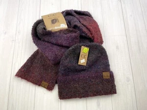 C.C dunkel gemischt beere umweltfreundlich recycelte Wollmischung langer Schal und Mütze neu - Bild 1 von 4