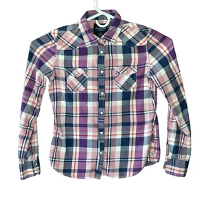 Camisa American Eagle Mujer M Rosa Azul Audaz Cuadros LS Vaca Niña Perla A Presión - Imagen 1 de 11