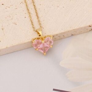 925 Silver Women Pink Cubic Zirconia Love Heart Necklace Jewelry Wedding Gifts