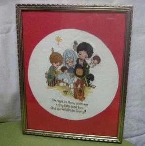 PRECIOUS MOMENTS framed picture 1970s homemade craft project Nativity Scene - Picture 1 of 2