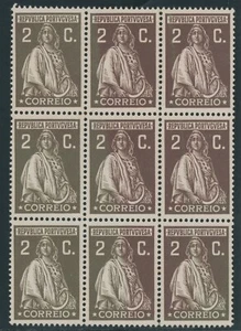 PORTUGAL 1926, Ceres 2 C. dark brown unused block of 9 (no gum), MAJOR VARIETIES - Picture 1 of 1